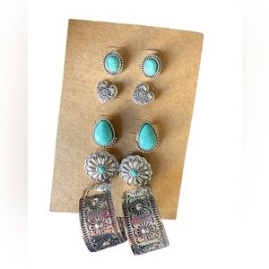 Western Turquoise Silver Earring Set Hoops Studs